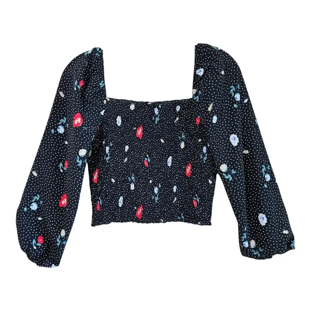 ABERCROMBIE & FITCH Women's S Smocked Peasant Blouse Polka Dots Flowers Cropped